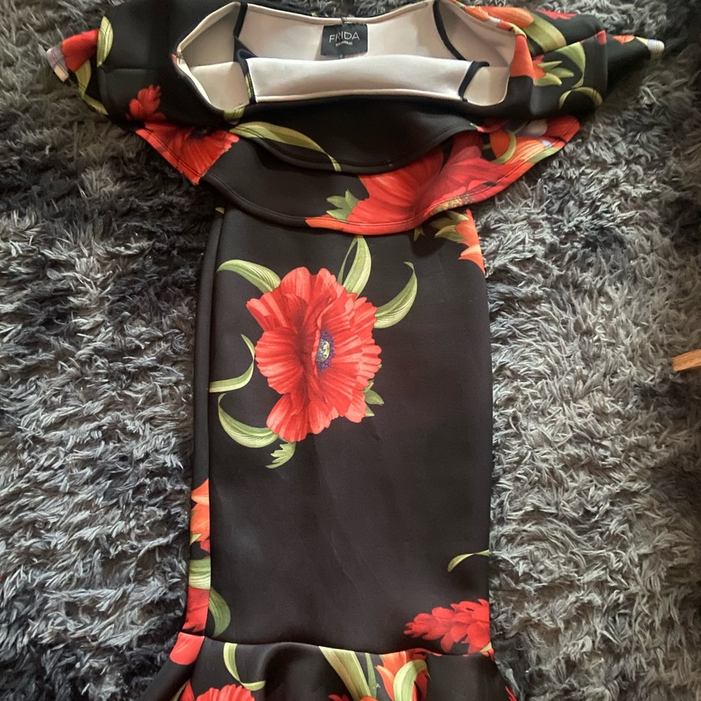 Ankle Length Black Floral Off The Shoulder Mermaid Dress. Handmade in LA